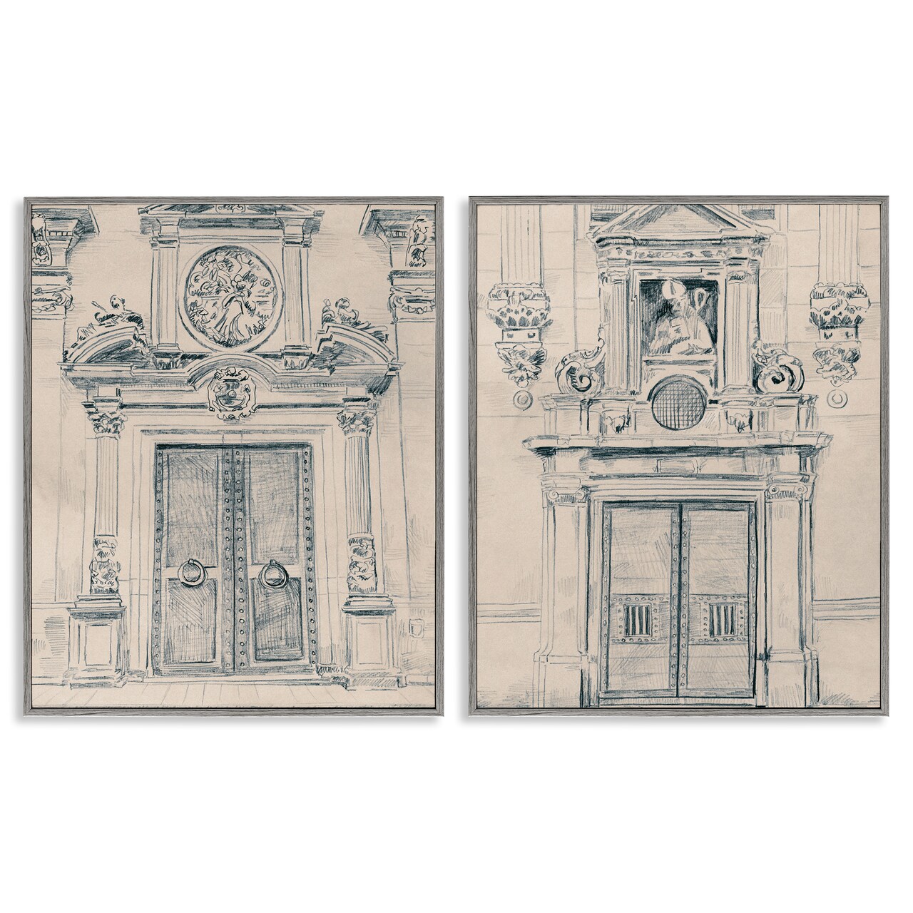 Stupell Industries Pencil Sketch Ornate Door 2 pc Framed Giclee Wall Art Set Design by June Erica Vess